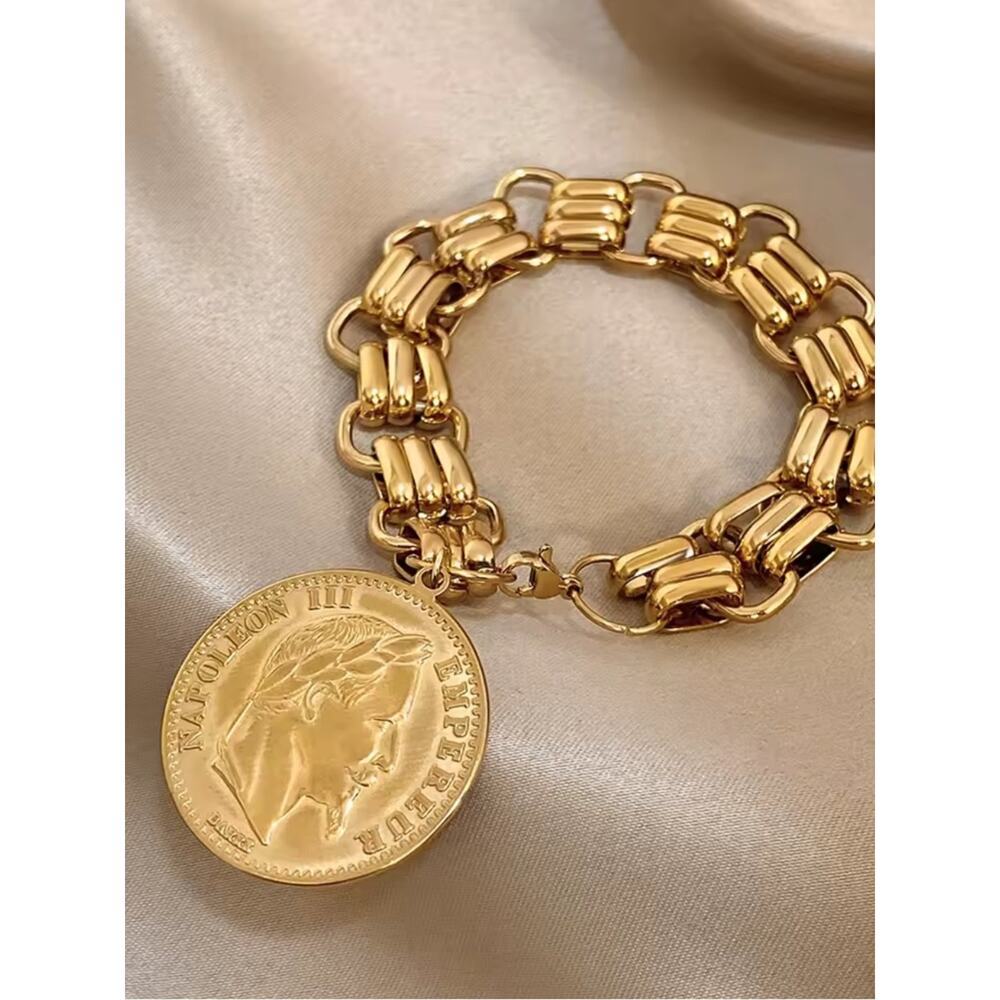 Gold Plated Napoleon Coin Bracelet Chain Link Roman Statement Stainless Steel - Picture 6 of 7